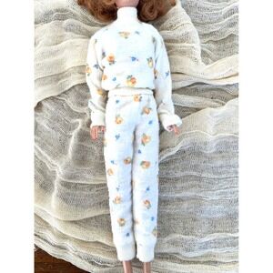 Vintage Clone Barbie flannel pajamas top and bottom set white yellow rose